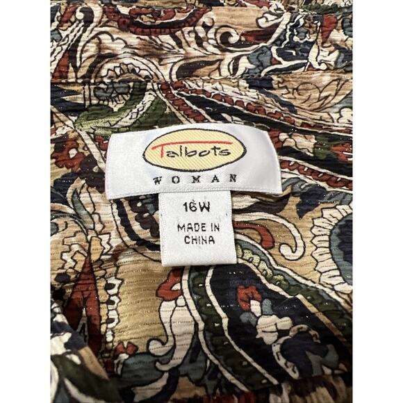 Talbots Blouse Size 16W Tan Crinkle Silk Paisley Metallic Button Up Collared - Picture 5 of 9